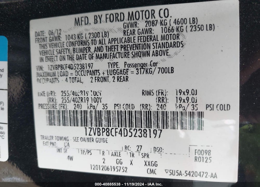 2013 FORD MUSTANG VIN: 1ZVBP8CF4D5238197