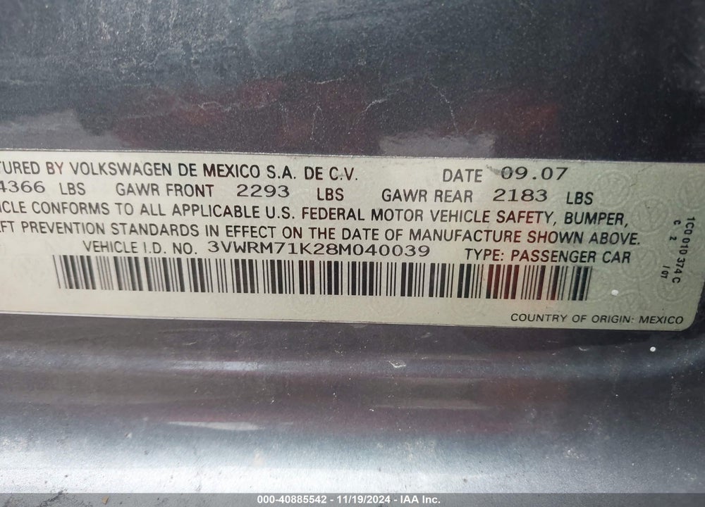 2008 VOLKSWAGEN JETTA SE/SEL VIN: 3VWRM71K28M040039