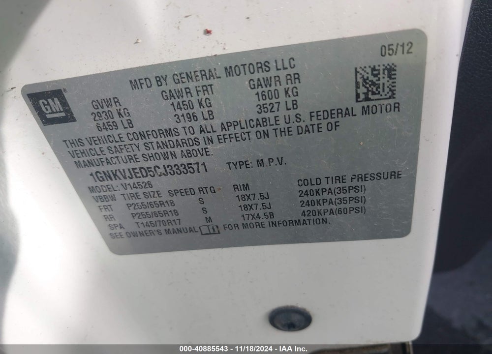 2012 CHEVROLET TRAVERSE 2LT VIN: 1GNKVJED5CJ333571