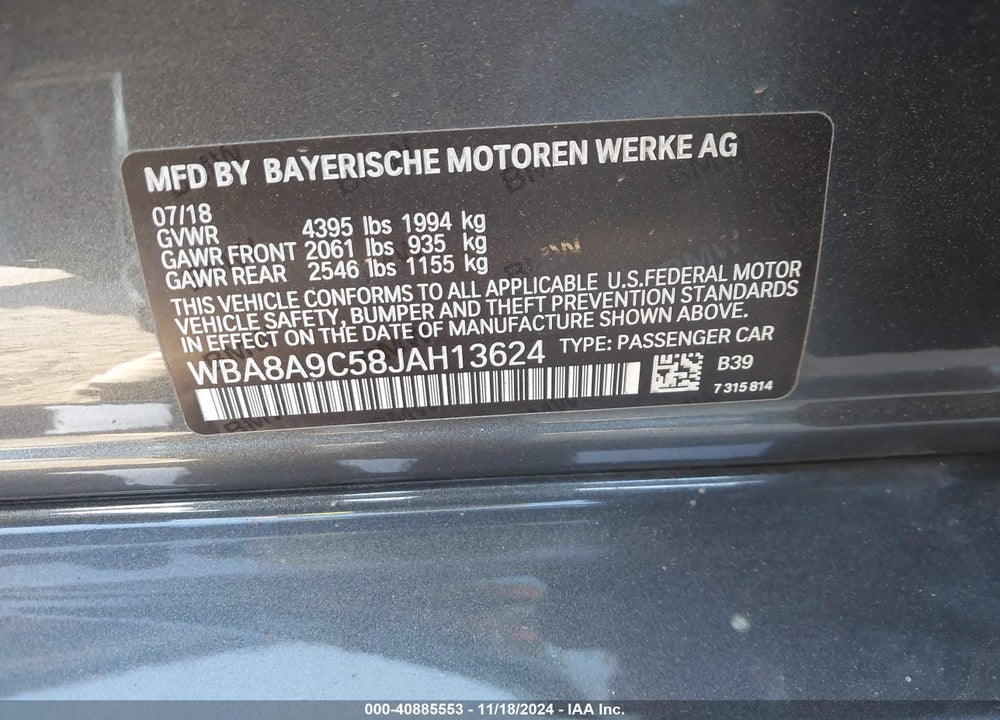 2018 BMW 320I VIN: WBA8A9C58JAH13624