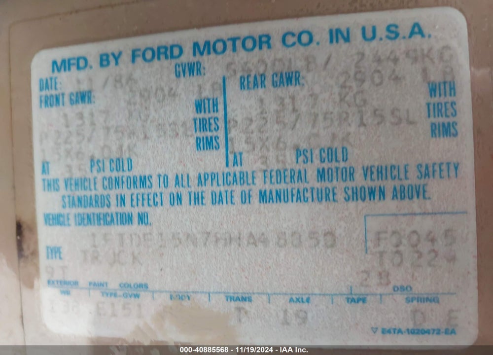 1987 FORD ECONOLINE E150 VAN VIN: 1FTDE15N7HHA48850
