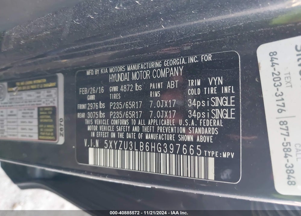 2017 HYUNDAI SANTA FE SPORT VIN: 5XYZU3LB6HG397665