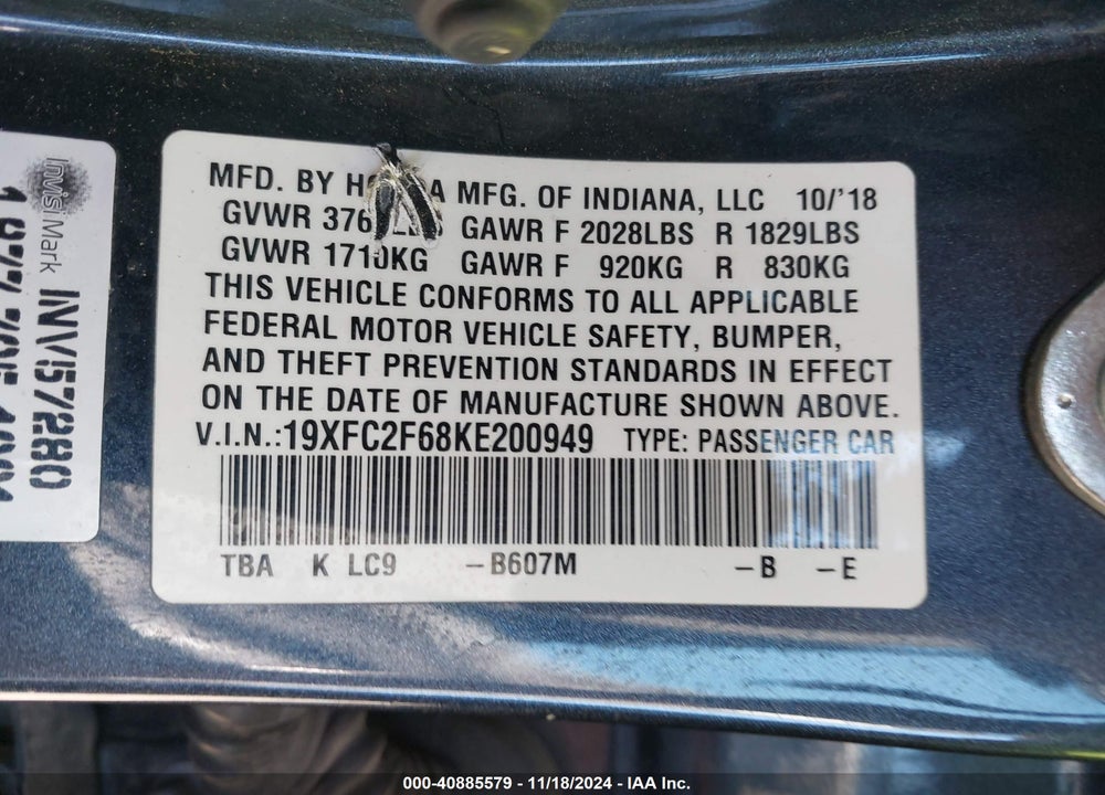 2019 HONDA CIVIC LX VIN: 19XFC2F68KE200949