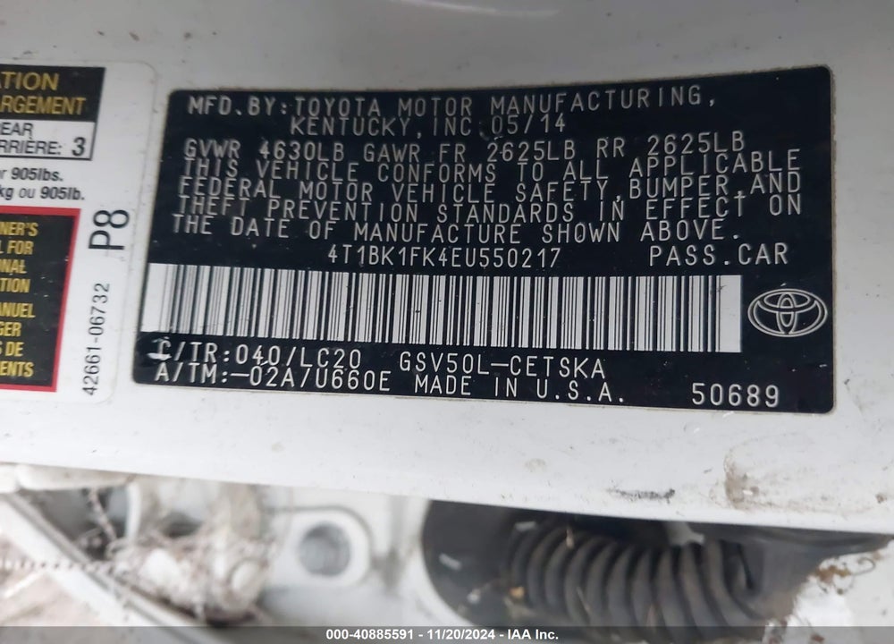 2014 TOYOTA CAMRY SE V6 VIN: 4T1BK1FK4EU550217