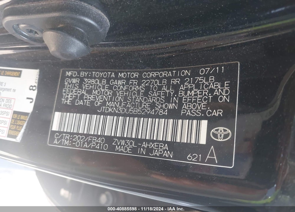 2011 TOYOTA PRIUS TWO VIN: JTDKN3DU5B5294784