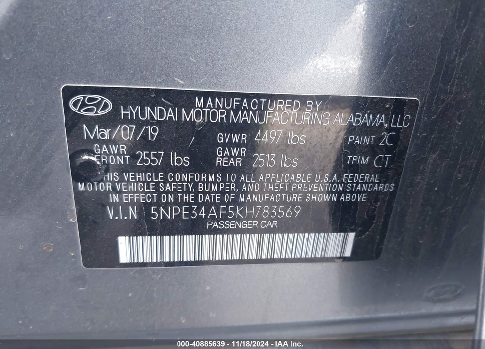 2019 HYUNDAI SONATA SEL VIN: 5NPE34AF5KH783569