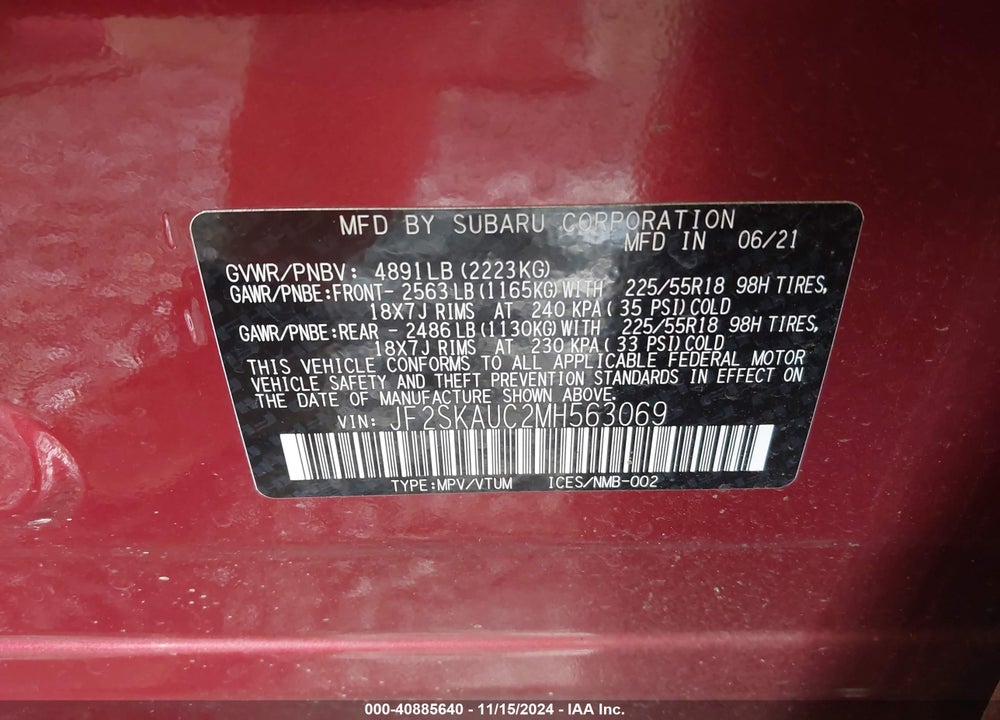 2021 SUBARU FORESTER LIMITED VIN: JF2SKAUC2MH563069