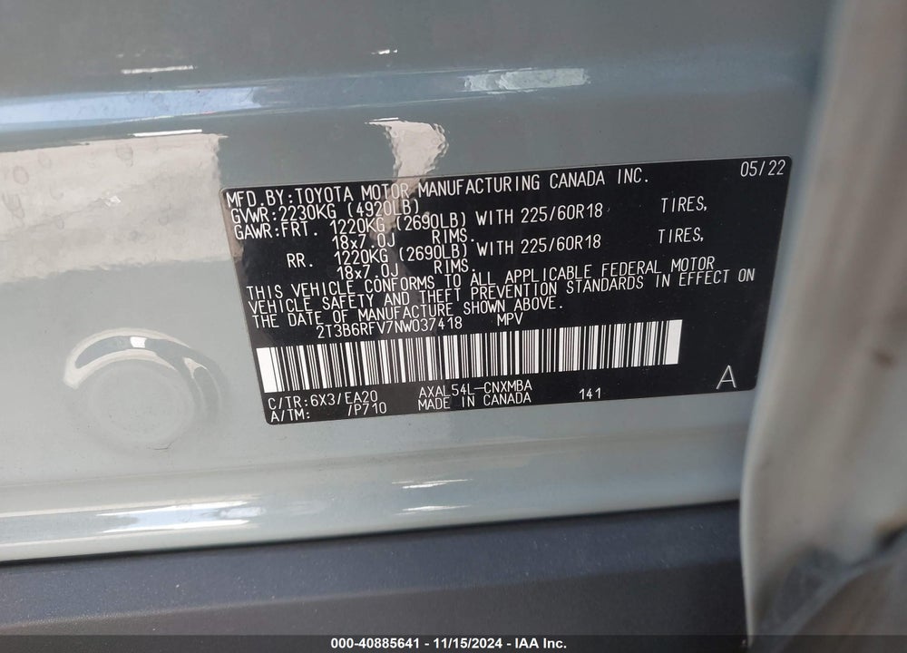 2022 TOYOTA RAV4 HYBRID XLE PREMIUM VIN: 2T3B6RFV7NW037418