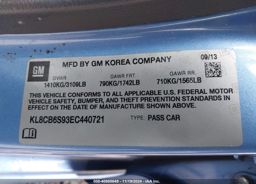 2014 CHEVROLET SPARK VIN: KL8CB6S93EC440721