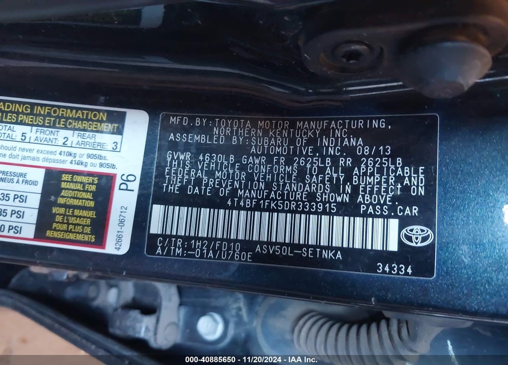2013 TOYOTA CAMRY LE VIN: 4T4BF1FK5DR333915