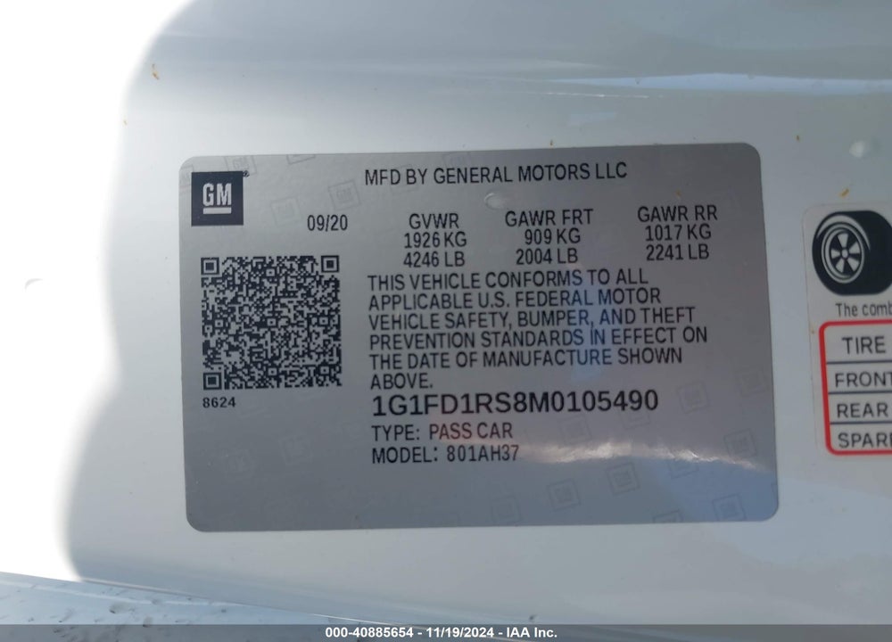 2021 CHEVROLET CAMARO RWD 2LT VIN: 1G1FD1RS8M0105490