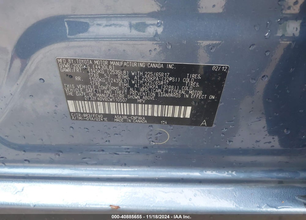 2012 TOYOTA RAV4 VIN: 2T3ZF4DV8CW110507