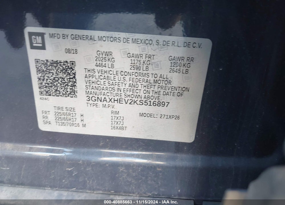 2019 CHEVROLET EQUINOX LS VIN: 3GNAXHEV2KS516897