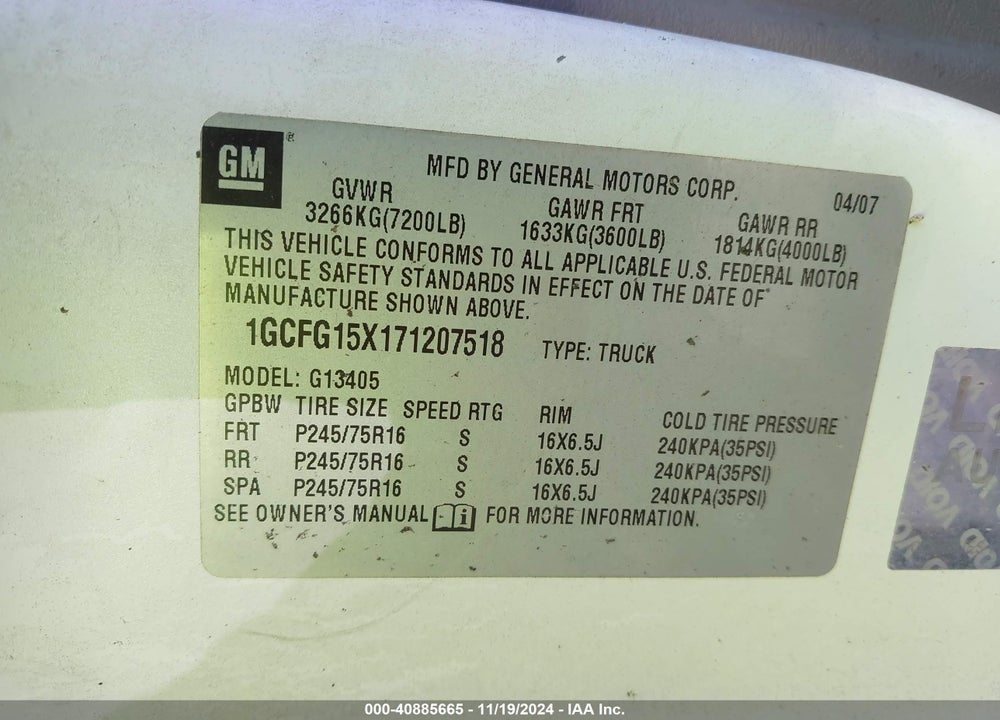 2007 CHEVROLET EXPRESS WORK VAN VIN: 1GCFG15X171207518