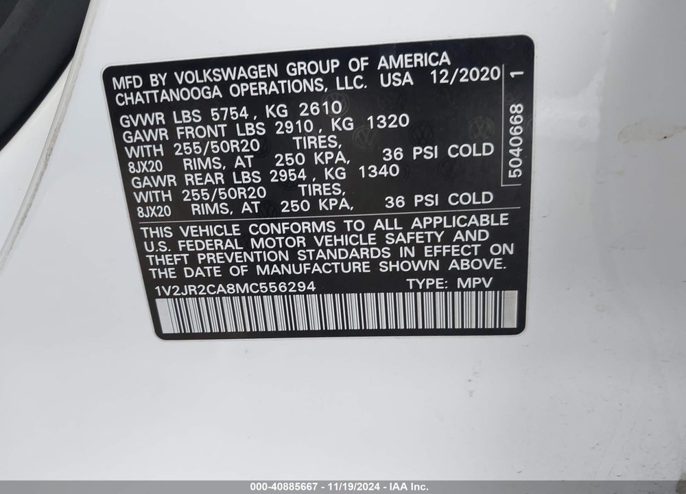 2021 VOLKSWAGEN ATLAS 3.6L V6 SE W/TECHNOLOGY VIN: 1V2JR2CA8MC556294