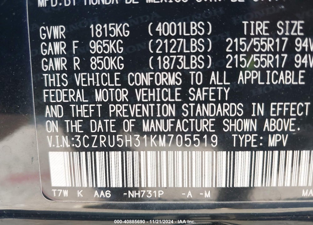 2019 HONDA HR-V LX VIN: 3CZRU5H31KM705519