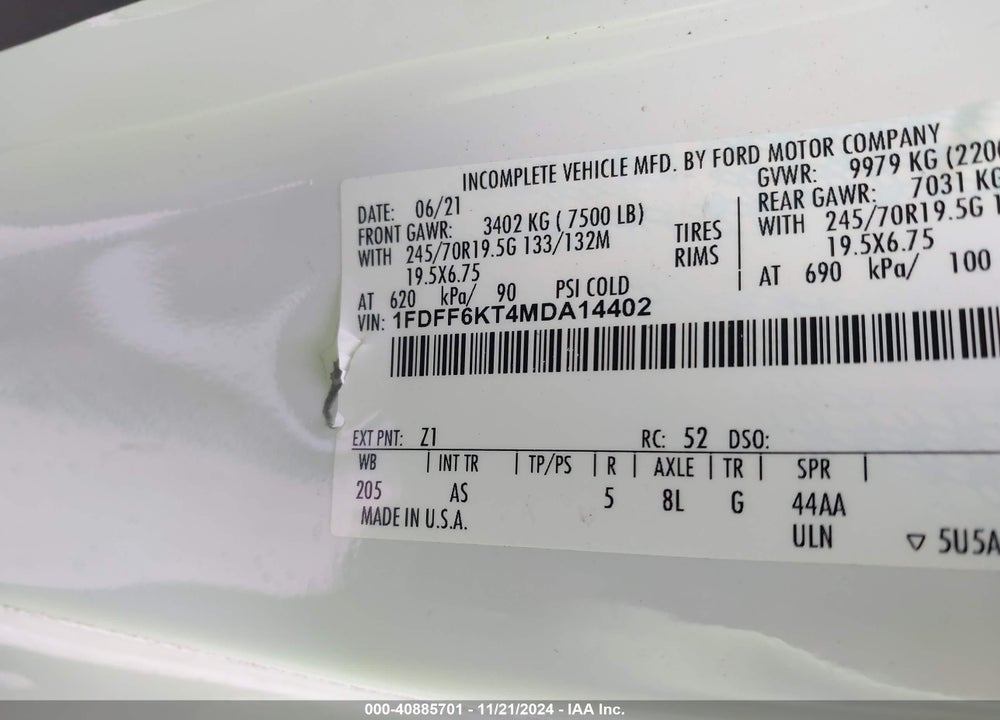 2021 FORD F-600 CHASSIS XL VIN: 1FDFF6KT4MDA14402
