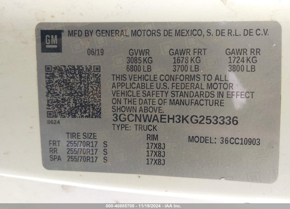 2019 CHEVROLET SILVERADO 1500 VIN: 3GCNWAEH3KG253336