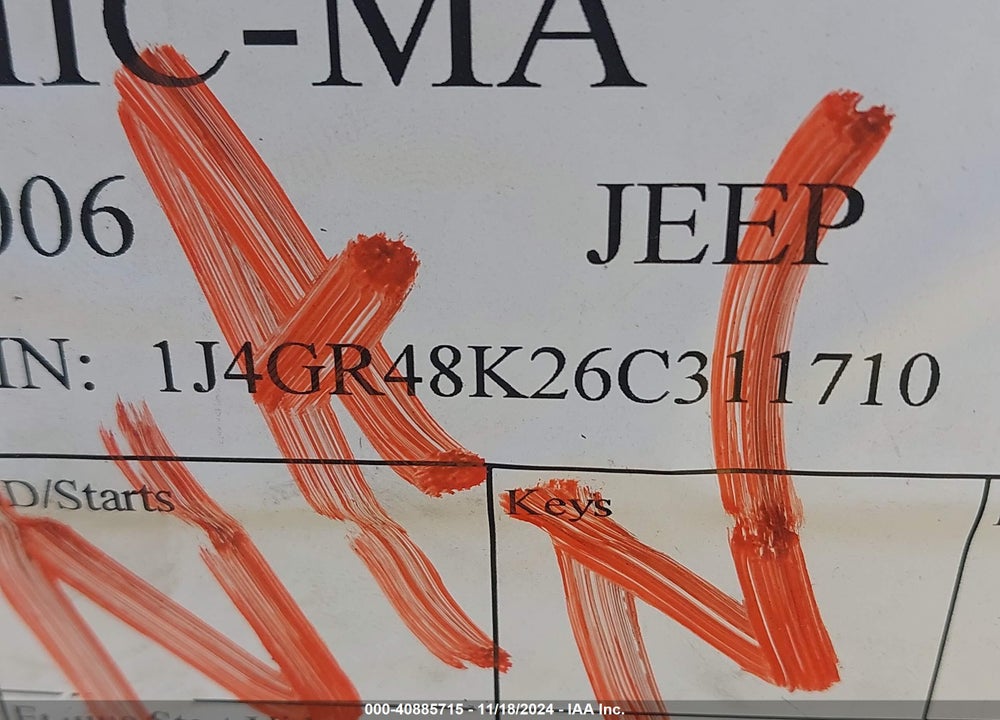 2006 JEEP GRAND CHEROKEE LAREDO VIN: 1J4GR48K26C311710