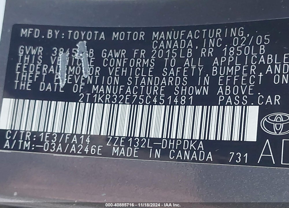 2005 TOYOTA MATRIX VIN: 2T1KR32E75C451481