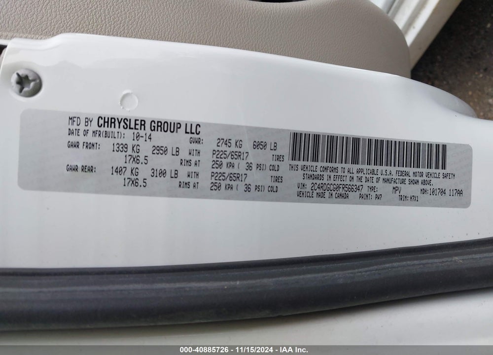 2015 DODGE GRAND CARAVAN SXT VIN: 2C4RDGCG0FR566347