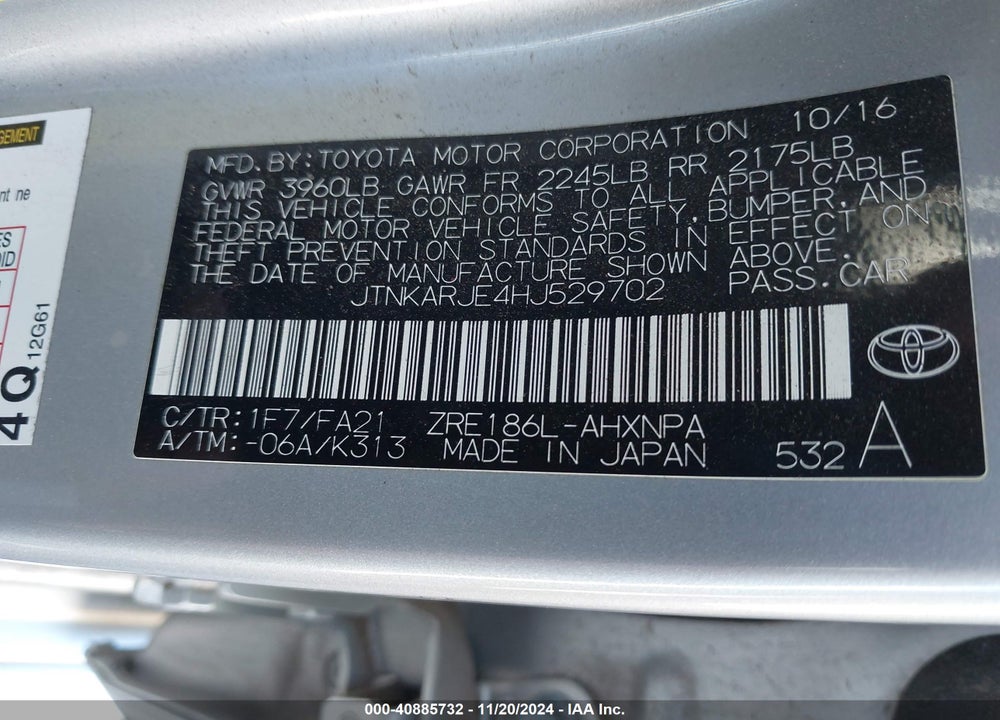 2017 TOYOTA COROLLA IM VIN: JTNKARJE4HJ529702