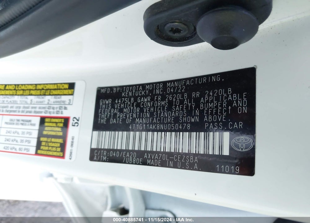 2022 TOYOTA CAMRY SE VIN: 4T1G11AK8NU050478