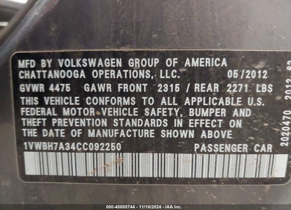 2012 VOLKSWAGEN PASSAT 2.5L SE VIN: 1VWBH7A34CC092250
