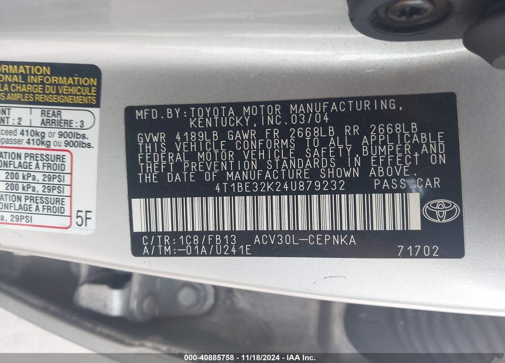 2004 TOYOTA CAMRY LE VIN: 4T1BE32K24U879232