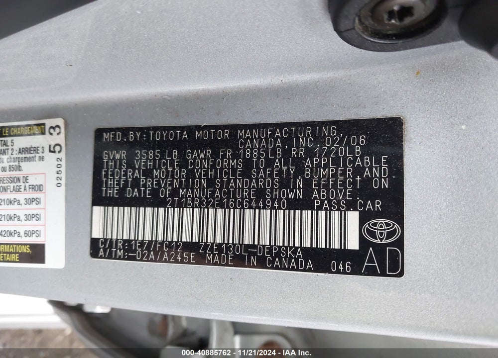 2006 TOYOTA COROLLA S VIN: 2T1BR32E16C644940