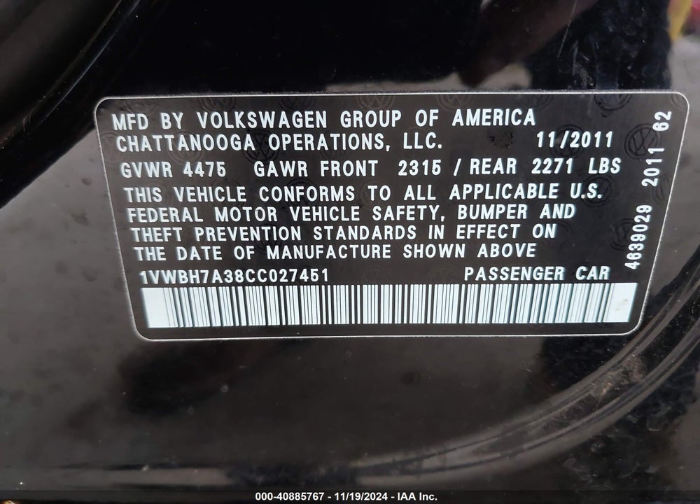 2012 VOLKSWAGEN PASSAT 2.5L SE VIN: 1VWBH7A38CC027451