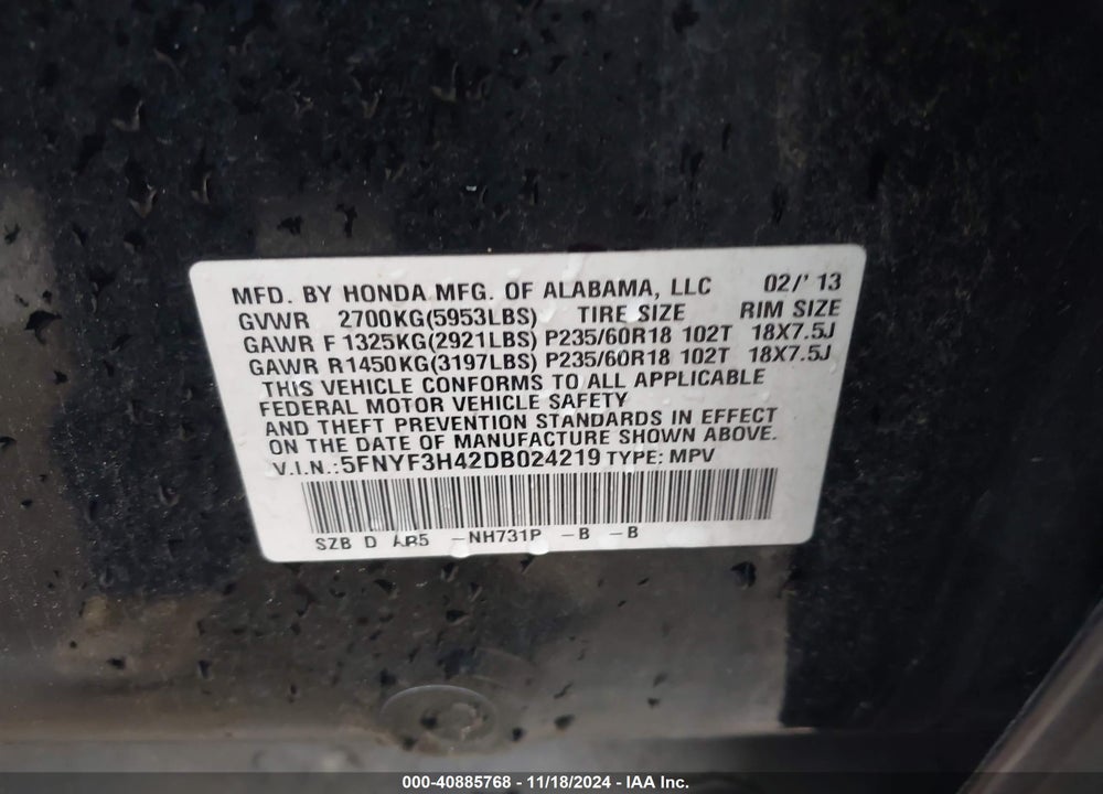2013 HONDA PILOT EX VIN: 5FNYF3H42DB024219