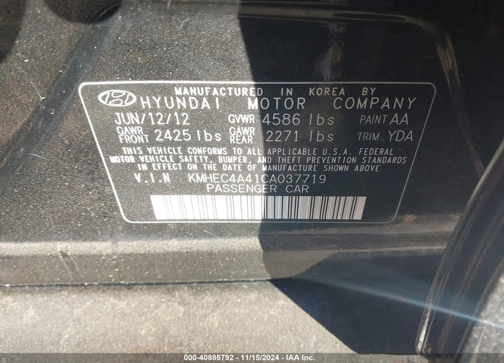 2012 HYUNDAI SONATA HYBRID VIN: KMHEC4A41CA037719