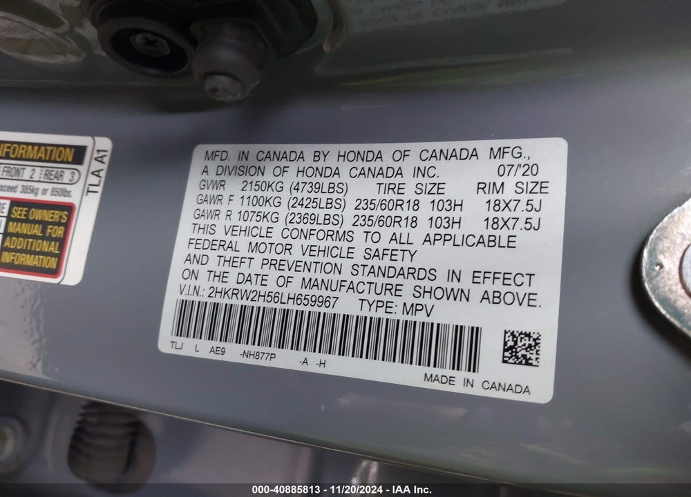 2020 HONDA CR-V AWD EX VIN: 2HKRW2H56LH659967