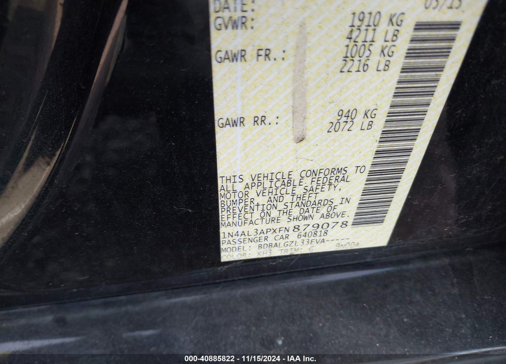 2015 NISSAN ALTIMA 2.5/2.5 S/2.5 SL/2.5 SV VIN: 1N4AL3APXFN879078