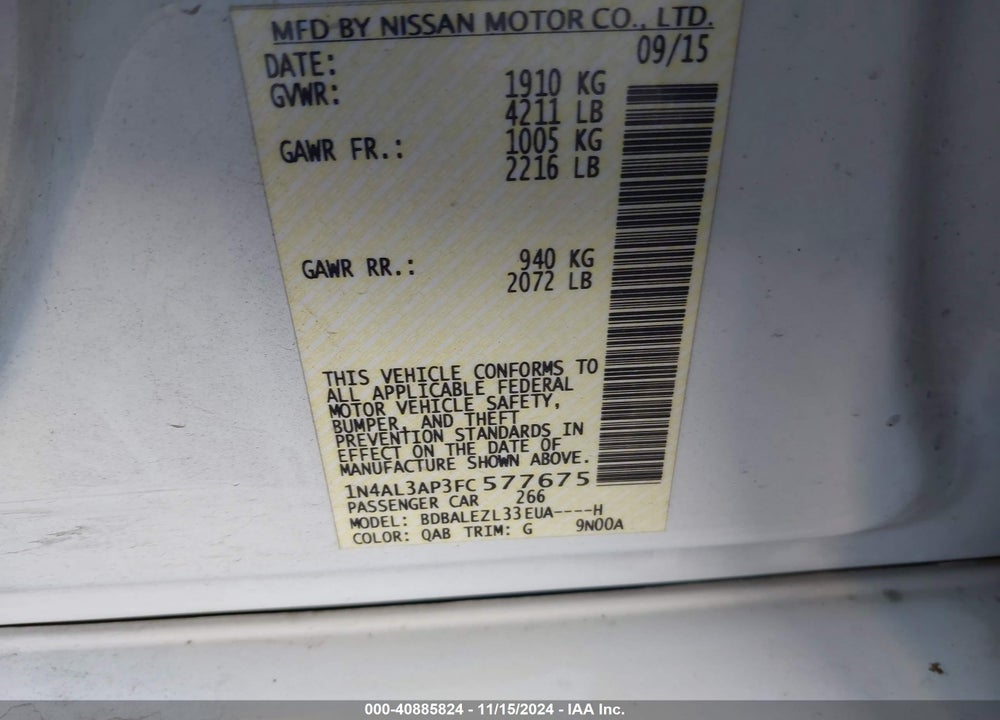 2015 NISSAN ALTIMA 2.5 S VIN: 1N4AL3AP3FC577675