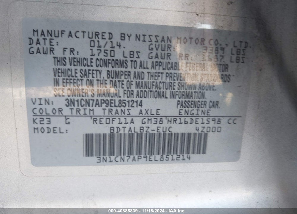2014 NISSAN VERSA 1.6 SV VIN: 3N1CN7AP9EL851214