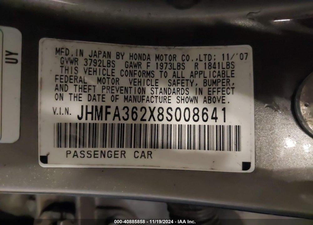 2008 HONDA CIVIC VIN: JHMFA362X8S008641