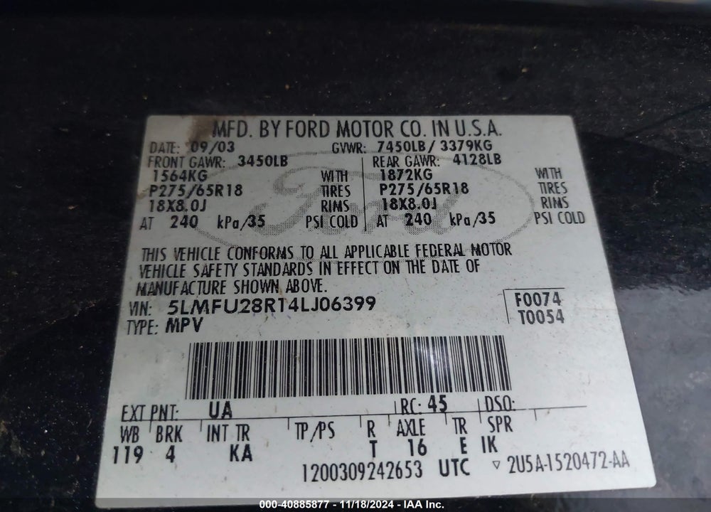 2004 LINCOLN NAVIGATOR VIN: 5LMFU28R14LJ06399