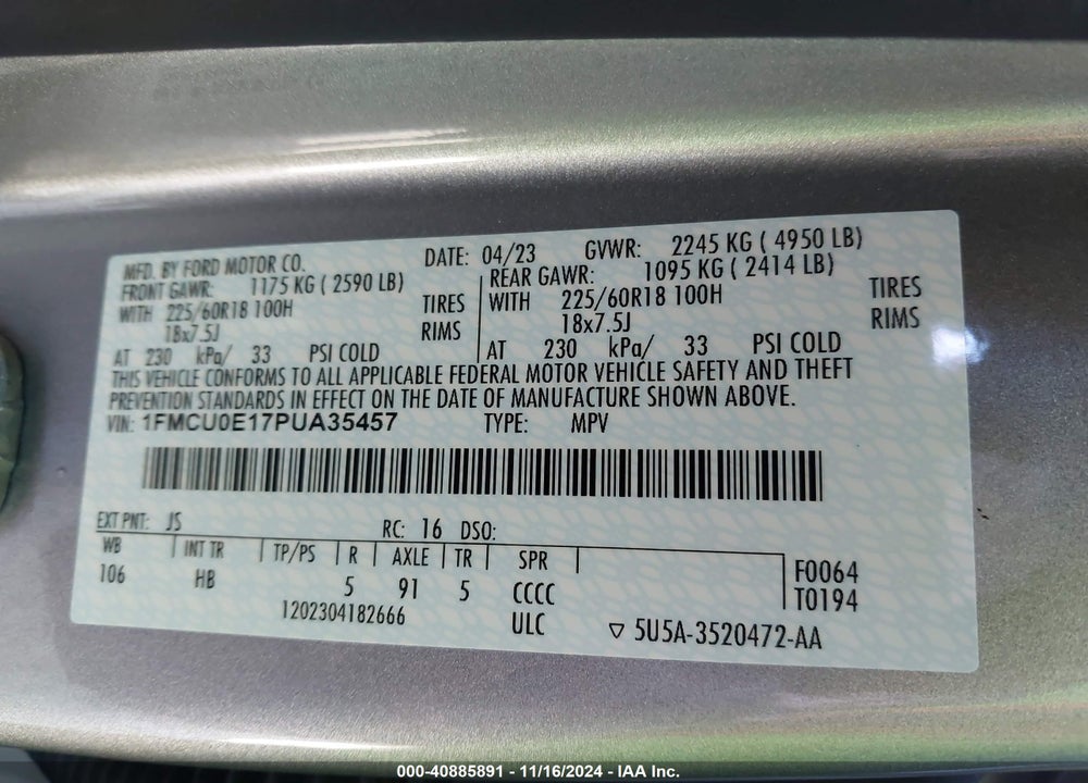 2023 FORD ESCAPE PHEV VIN: 1FMCU0E17PUA35457