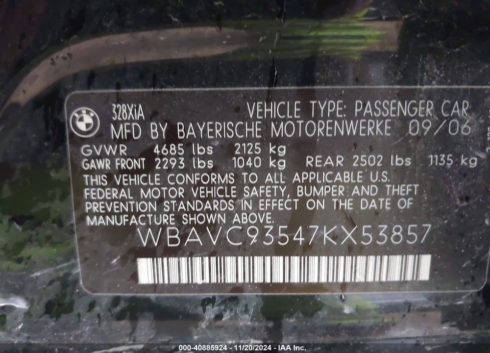 2007 BMW 328XI VIN: WBAVC93547KX53857