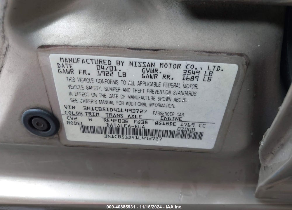 2001 NISSAN SENTRA GXE VIN: 3N1CB51D41L493727