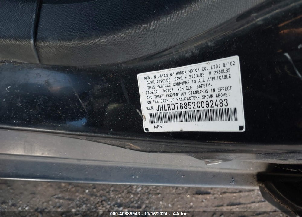 2002 HONDA CR-V EX VIN: JHLRD78852C092483