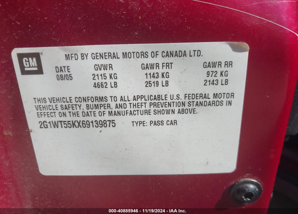 2006 CHEVROLET IMPALA VIN: 2G1WT55KX69139875