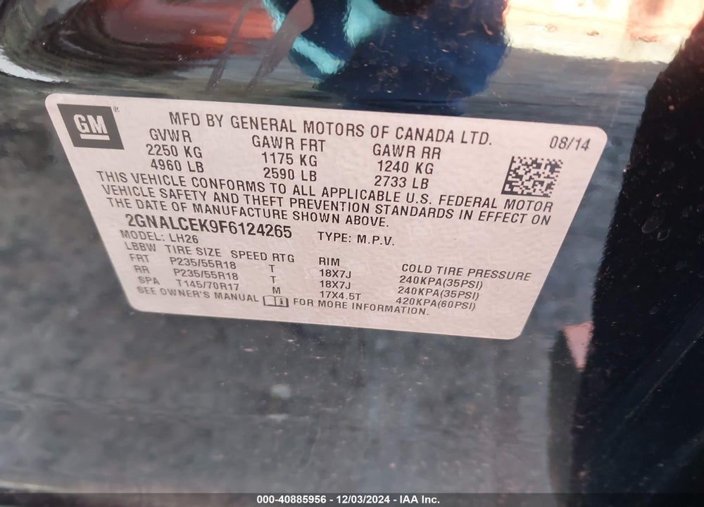 2015 CHEVROLET EQUINOX 2LT VIN: 2GNALCEK9F6124265
