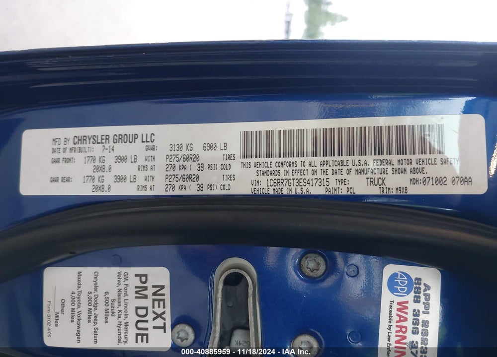 2014 RAM 1500 BIG HORN VIN: 1C6RR7GT3ES417315