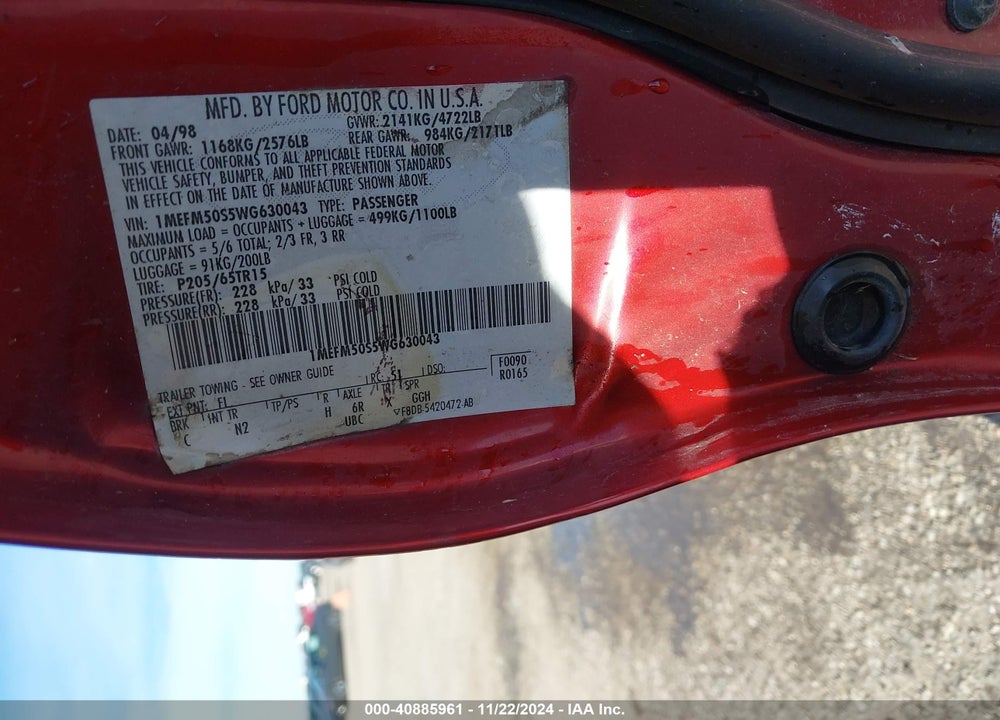 1998 MERCURY SABLE GS/LS VIN: 1MEFM50S5WG630043