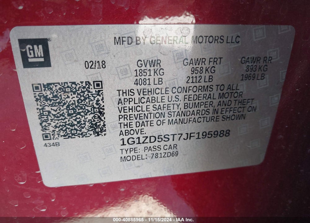 2018 CHEVROLET MALIBU LT VIN: 1G1ZD5ST7JF195988