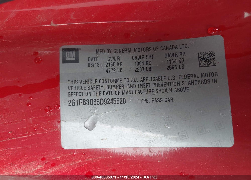 2013 CHEVROLET CAMARO 1LT VIN: 2G1FB3D35D9245620