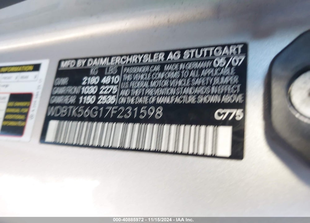 2007 MERCEDES-BENZ CLK 350 VIN: WDBTK56G17F231598